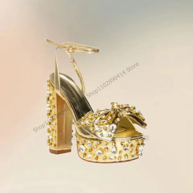 

Gold Crystal Bow Knot Peep Toe Platform Sandals Ankle Buckle Strap Women Shoes Chunky High Heels Novel 2023 Zapatos Para Mujere