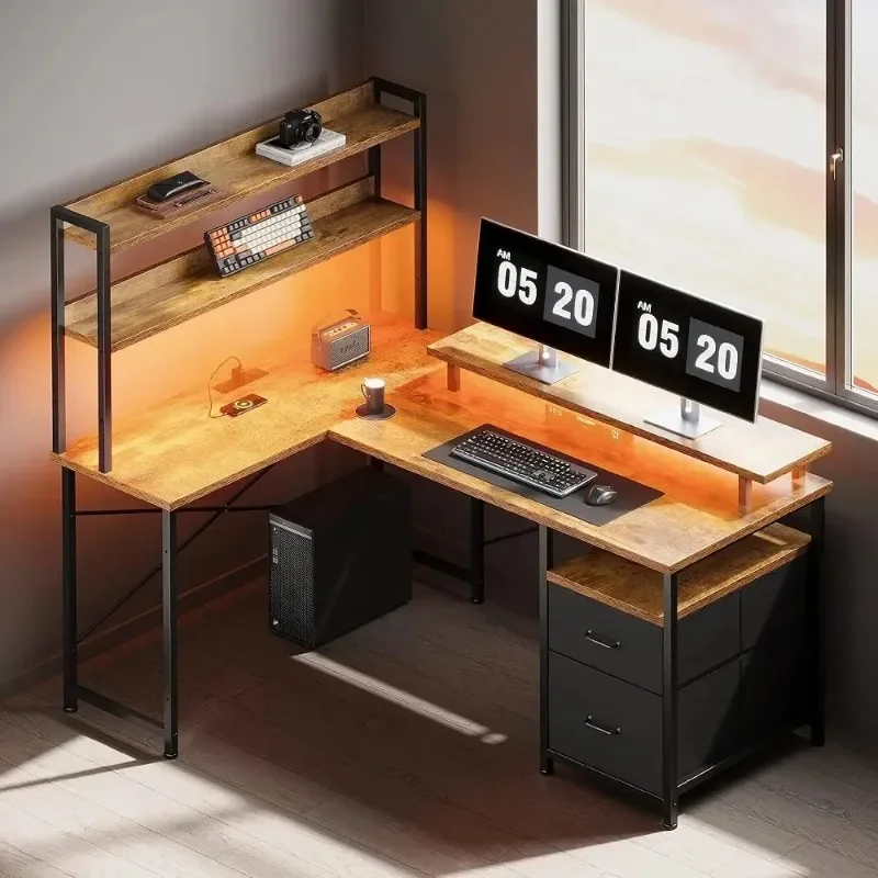 مكتب على شكل حرف L مع أرفف، مكتب كمبيوتر قابل للعكس مع أضواء LED ومحطة شحن، مكتب زاوية للمكتب المنزلي مع شاشة