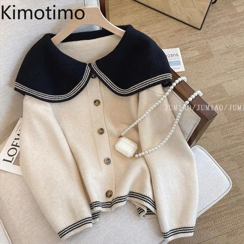 Kimotimo Contrast Color Sailor Collar Sweater Coat Women French Preppy Style Loose Long Sleeve Cardigan Retro Office Knitted Top