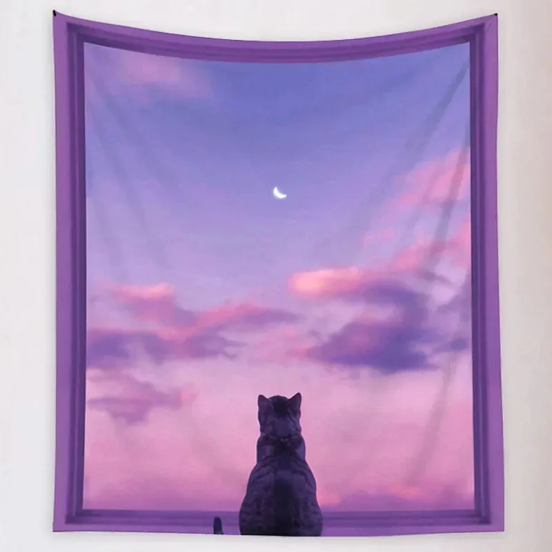 VIKAMA Traumhafter lila-rosa Wandteppich mit einer Katze, die den Mond betrachtet, Instagram-inspirierter Nischen-Kunst-Wandteppich, Wanddekoration für Schlafzimmer und Wohnzimmer