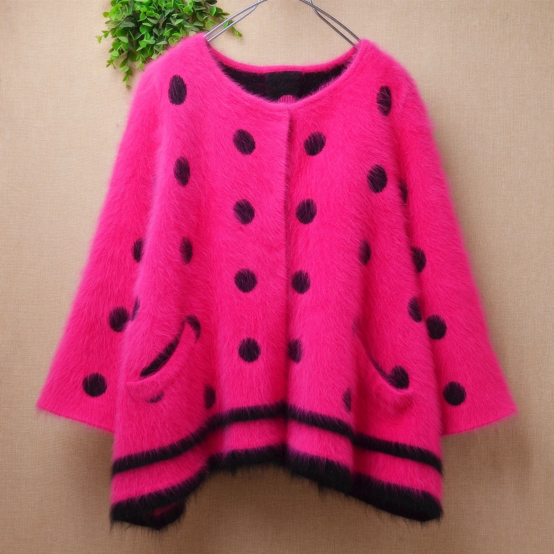 

Female Women Fall Winter Thick Warm Dot Hairy Mink Cashmere Knitted Three Quarter Sleeves Loose Cardigans Angora Jacket Sweater