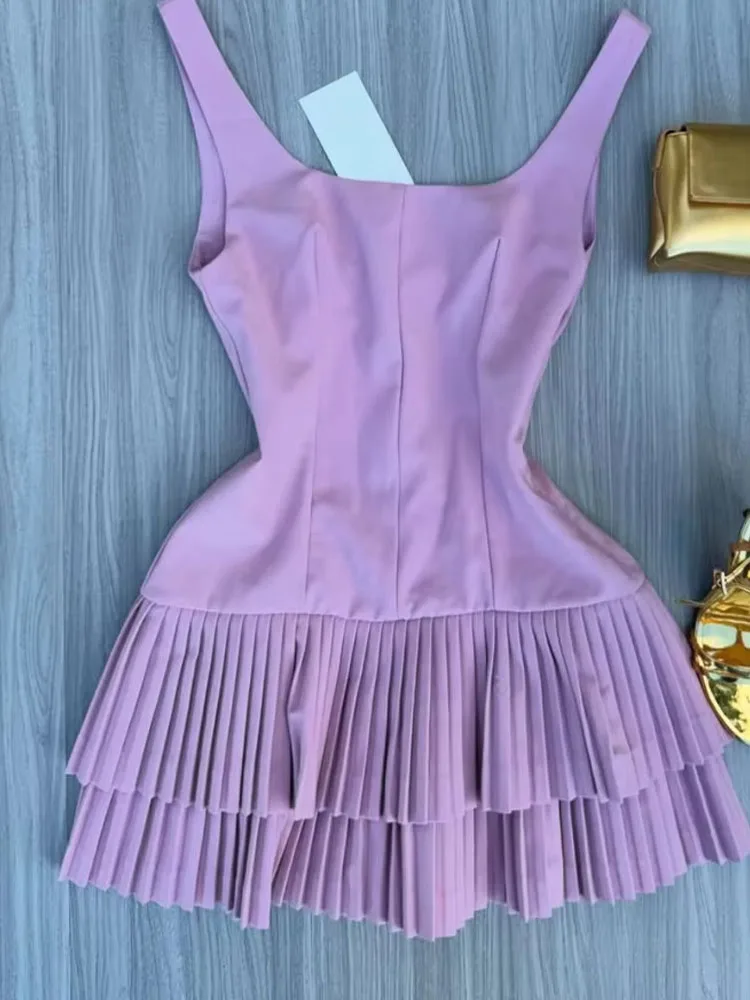 2025 Mujer Chic High Street Slim Vestidos de playa vestido plisado mujeres verano cuello cuadrado blanco sin mangas Mini vestido