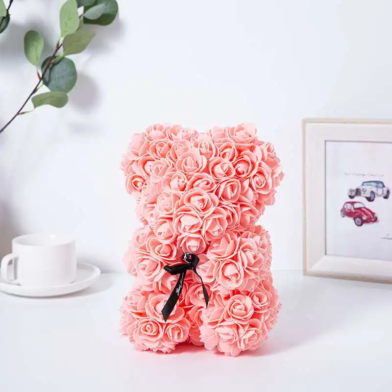 Ourson en roses artificielles, 25cm, fausses fleurs, pour un cadeau de Saint-Valentin, pour une petite amie, pour la fête des mères