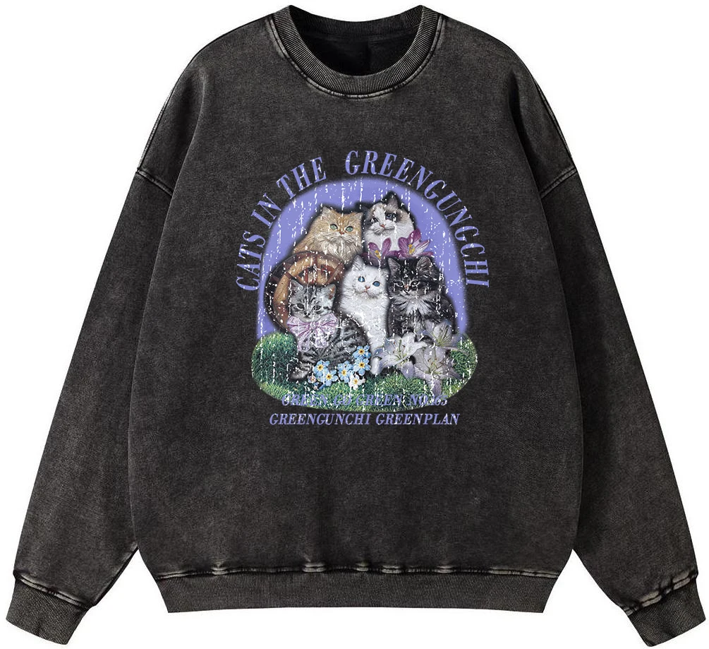 Cats In The Greengungchi Mens Vintage Washed Cotton Sweatshirt Casual Loose Pullover Warm Fur-Liner Hoodie Simple