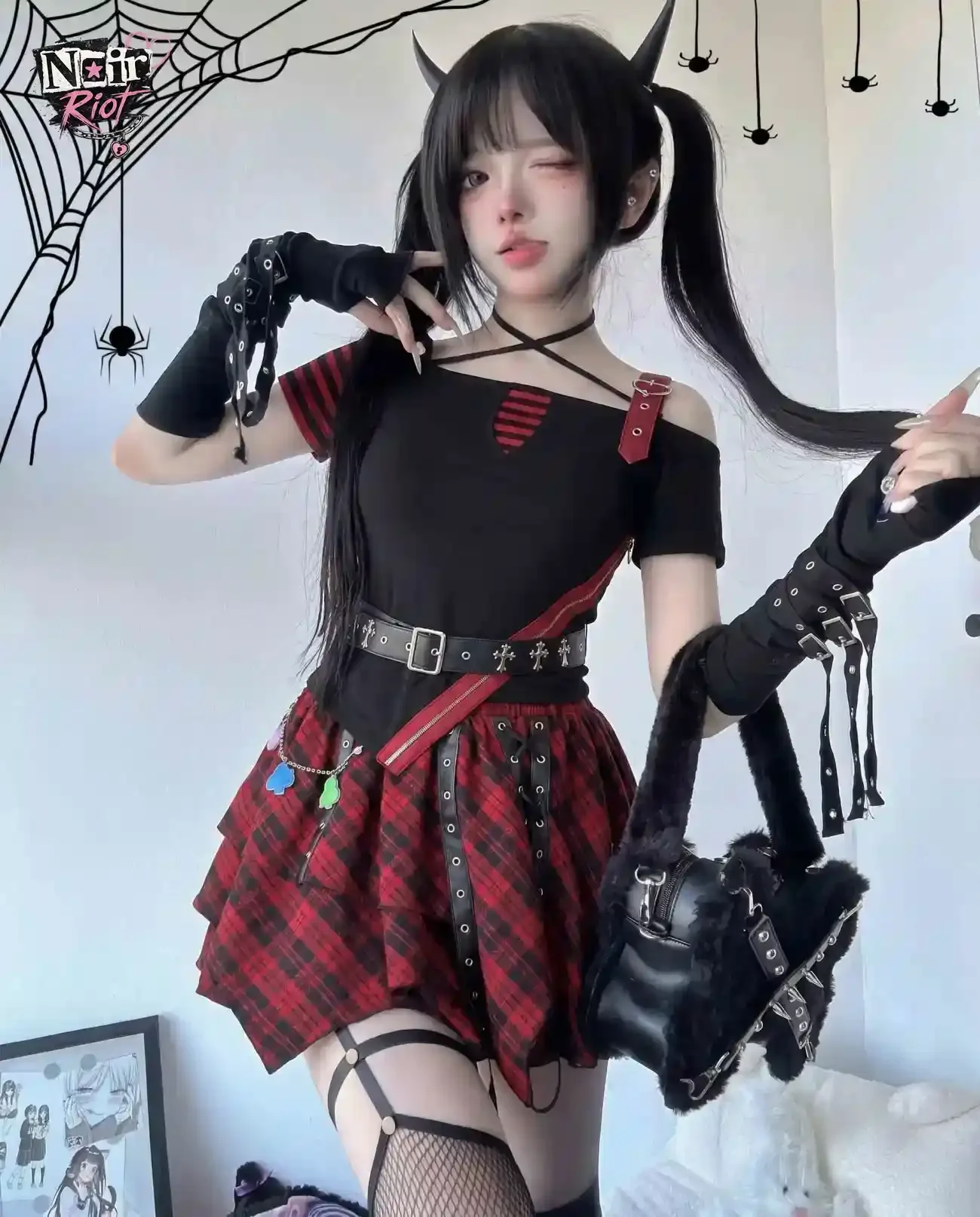 Subculture Gothic Kawaii 2 Piece Set Women Pink Black Plaid Lace Up Chain Cross Print Crop Cami Top Mini Skirt Set Y2K Harajuku