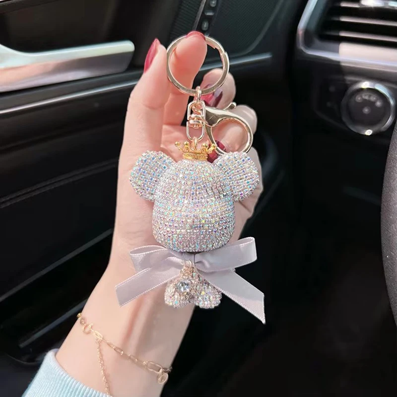 Fashionable Full Diamond Crown Violent Bear Keychain Creative Bow Cute Doll Car Key Chain Exquisite Gift