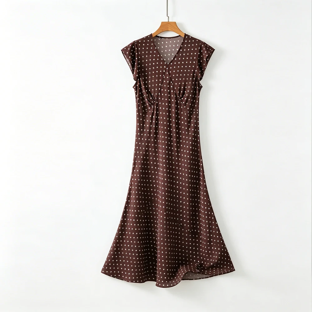 Women's Casual Summer New Elegant V-neck Slant Cut Print Slim Fit 100% Natural Mulberry Silk Crepe De Chine Polka Dot Dress