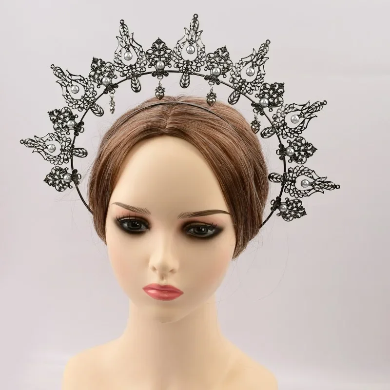 Goddess Crown Tiara Faux Pearl Metal Golden Crown Headband Hairband Fashion Vintage Hair Accessory