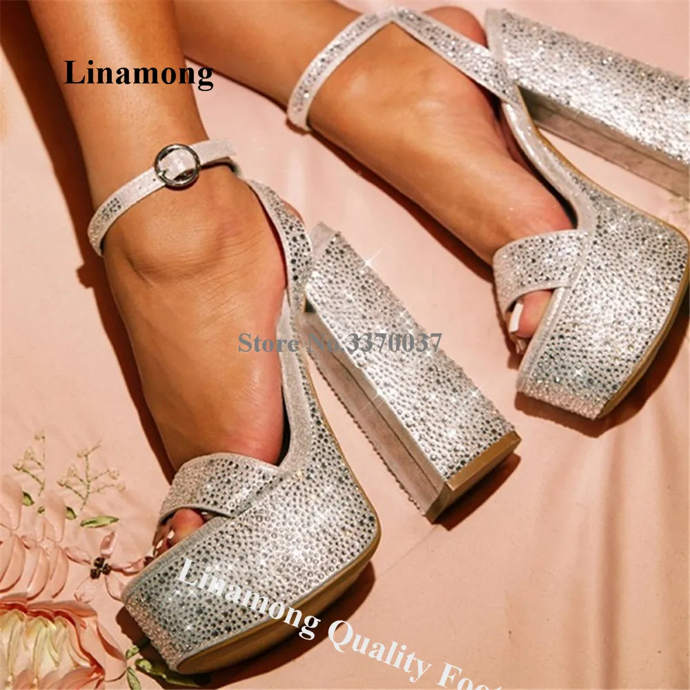 

Linamong Silver Rhinestones Chunky Heel Sandals Bling Bling High Platform Block Heel Dress Shoes Wedding High Heels Big Size