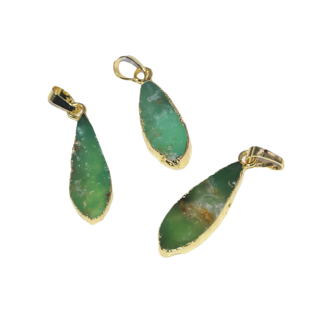 2023 Natural Jewelry Slice Long Raw Green Chrysoprase Gold Plated Point Pendant female stone water drop women accessories 5pc