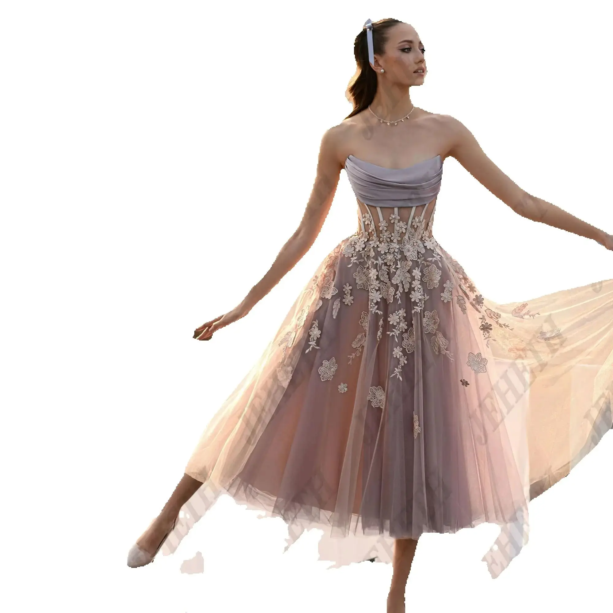 JEHETH Customized Strapless Prom Dresses for Women Applique Sleevelss Corset Vestidos De Gala Pastrol Party Gowns Tea Length image 6