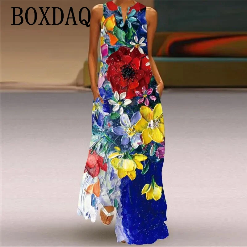 Power Flower długie sukienki damskie letnia seksowna bez rękawów, dekolt w serek, luźna sukienka moda 3D drukuj na co dzień kieszenie Maxi sukienka Sundress — zdjęcie 6