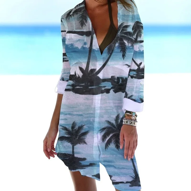 

Coconut tree print 2024 new niche casual jacket for women's commuting, high-end shirt, long sleeved design sense