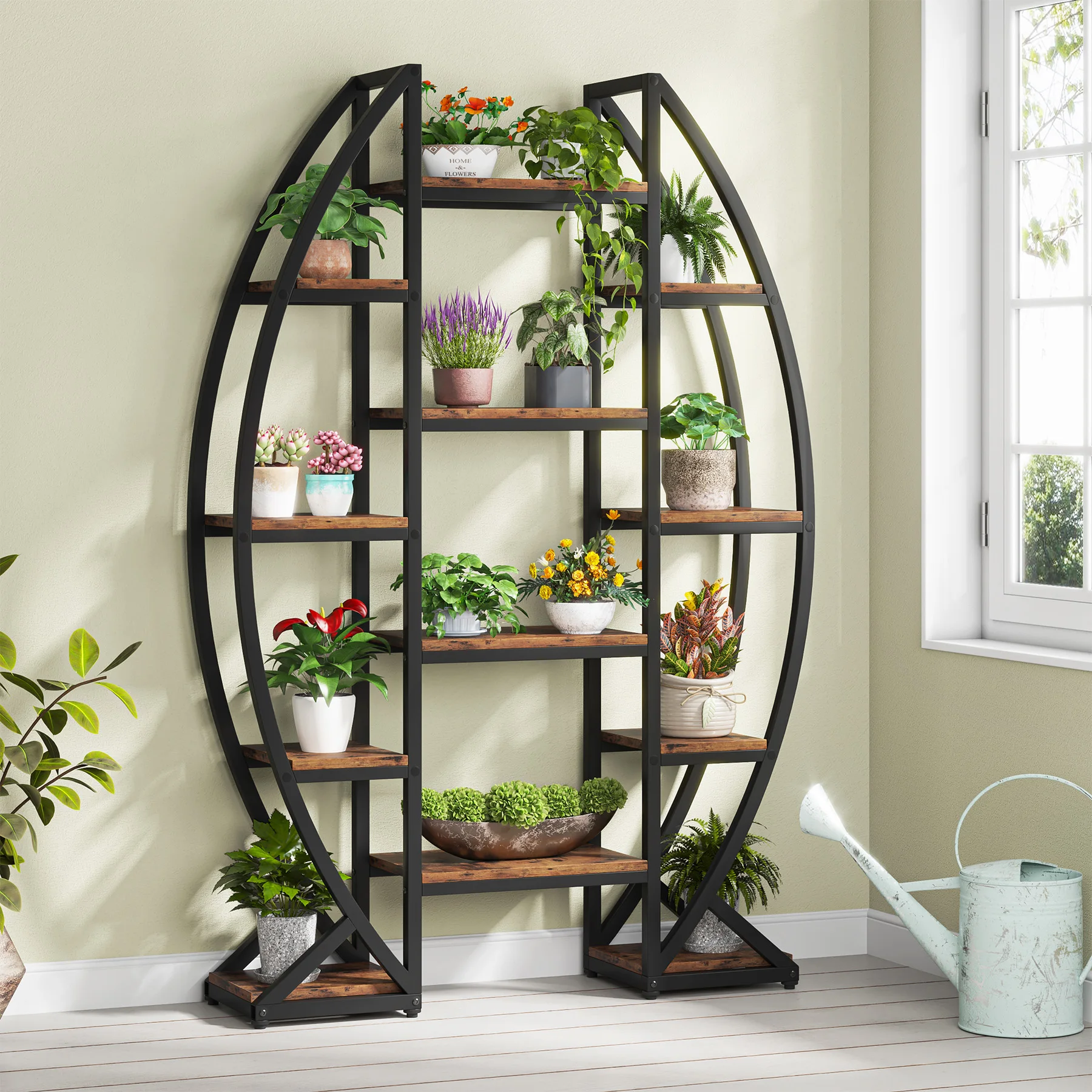 #ji Tribesigns Industrial Large Capacity Bookshelf Etagere Unique 5-Tier Oval Triple Wide Plant Stand With Unique Design