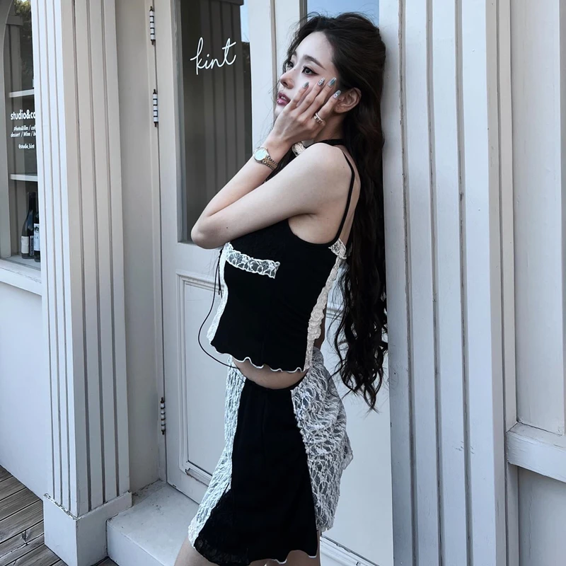 WhereMery Korean Fashion Y2K Lace Two Piece Set with Mesh Perspective Hollow Open Belly Short Top Straight Tube Splicing Skirt