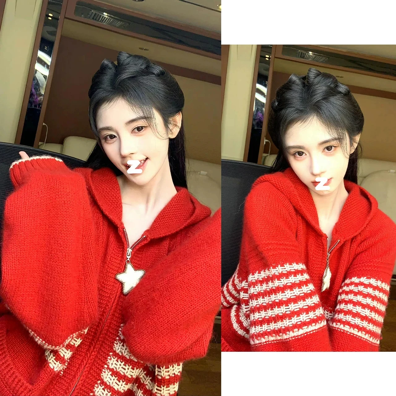 

Ji Jing Star Zipper Knitted Open Cardigan Women's Autumn Winter New Year Cisas Red Loose Hooded Sweater Jaet