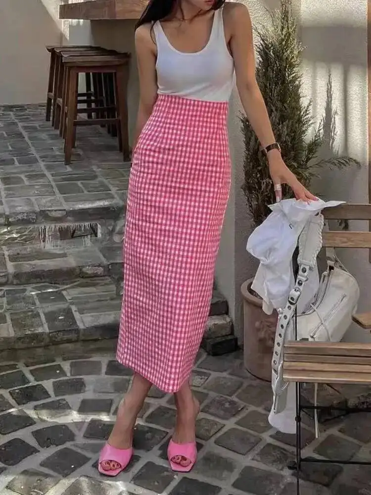 

Korean Chic Plaid Contrast Color Skirt For Women Office Lady High Wasit Split Skirts Female Summer New Trend Fashion Y951