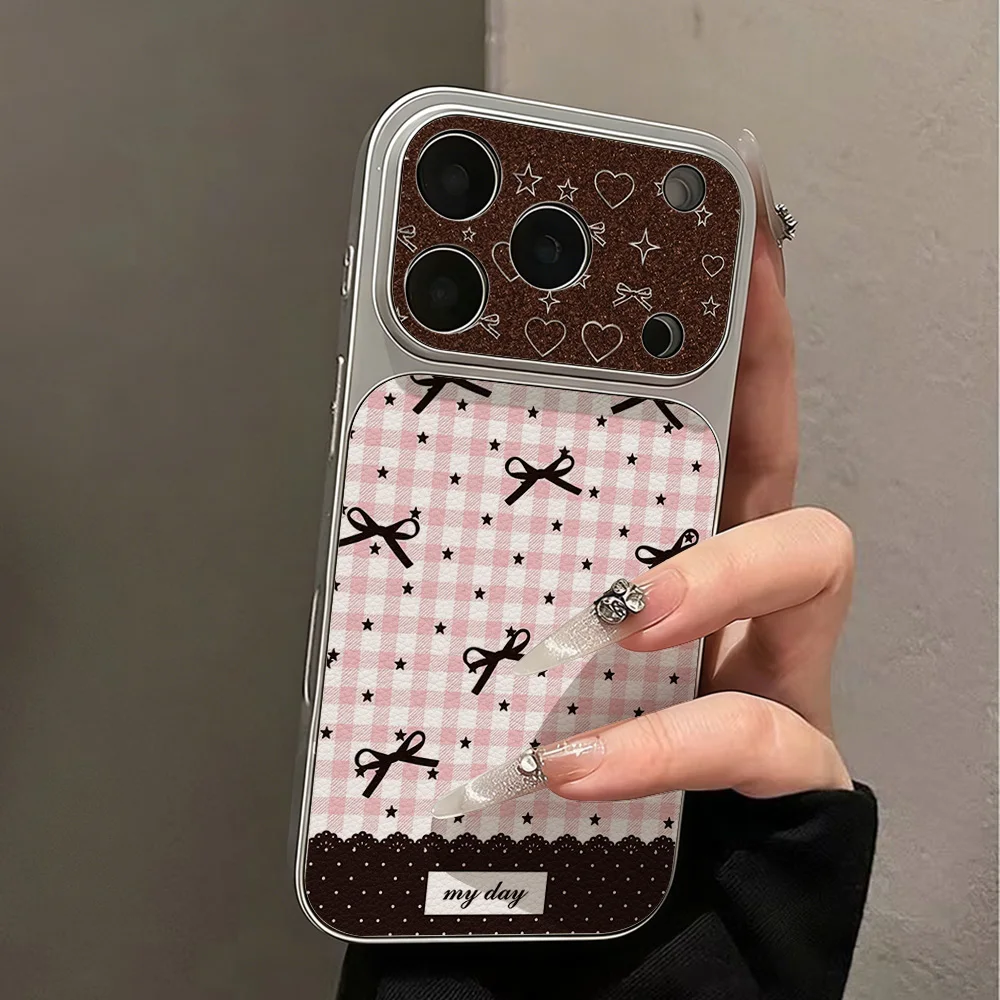 INS Retro Bowknot Leather Texture Phone Case For iPhone 17 Pro Max 16 15 14 13 Pro Max 12 11 With Lanyard Shockproof Cover