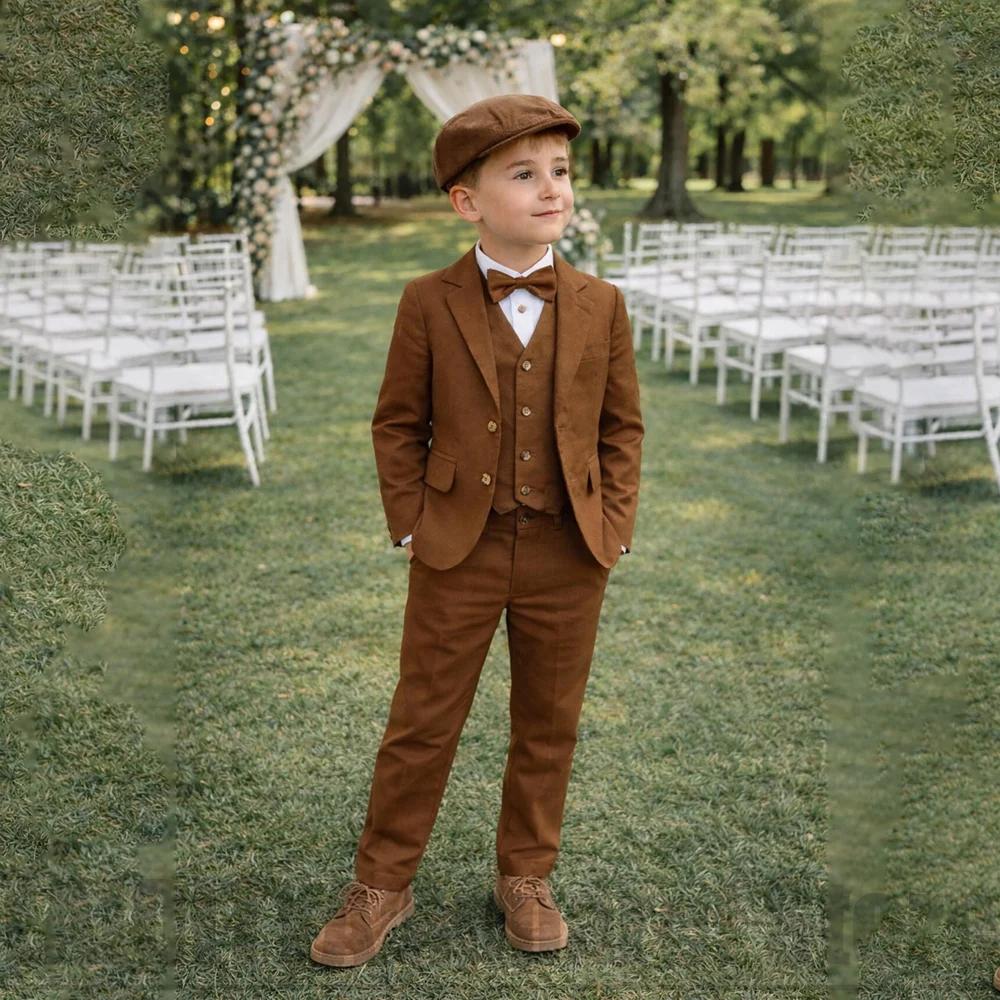 Chic Linen Boys Three Piece Suit Single Breasted Notch Lapel Wear Kids Wedding Page Boy Vintage Birthday Party Formal Outfit