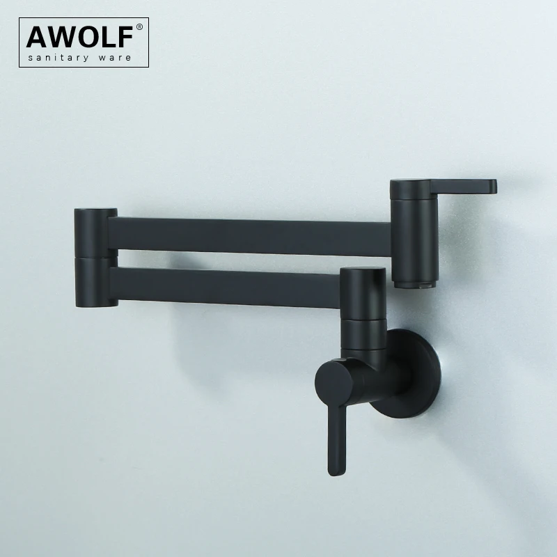 Awolf Black Countertop Pot Filler Wall Mounted Kitchen Faucet Lengthen Folding 360 Degree Rotation Solid Brass Water Tap FW009