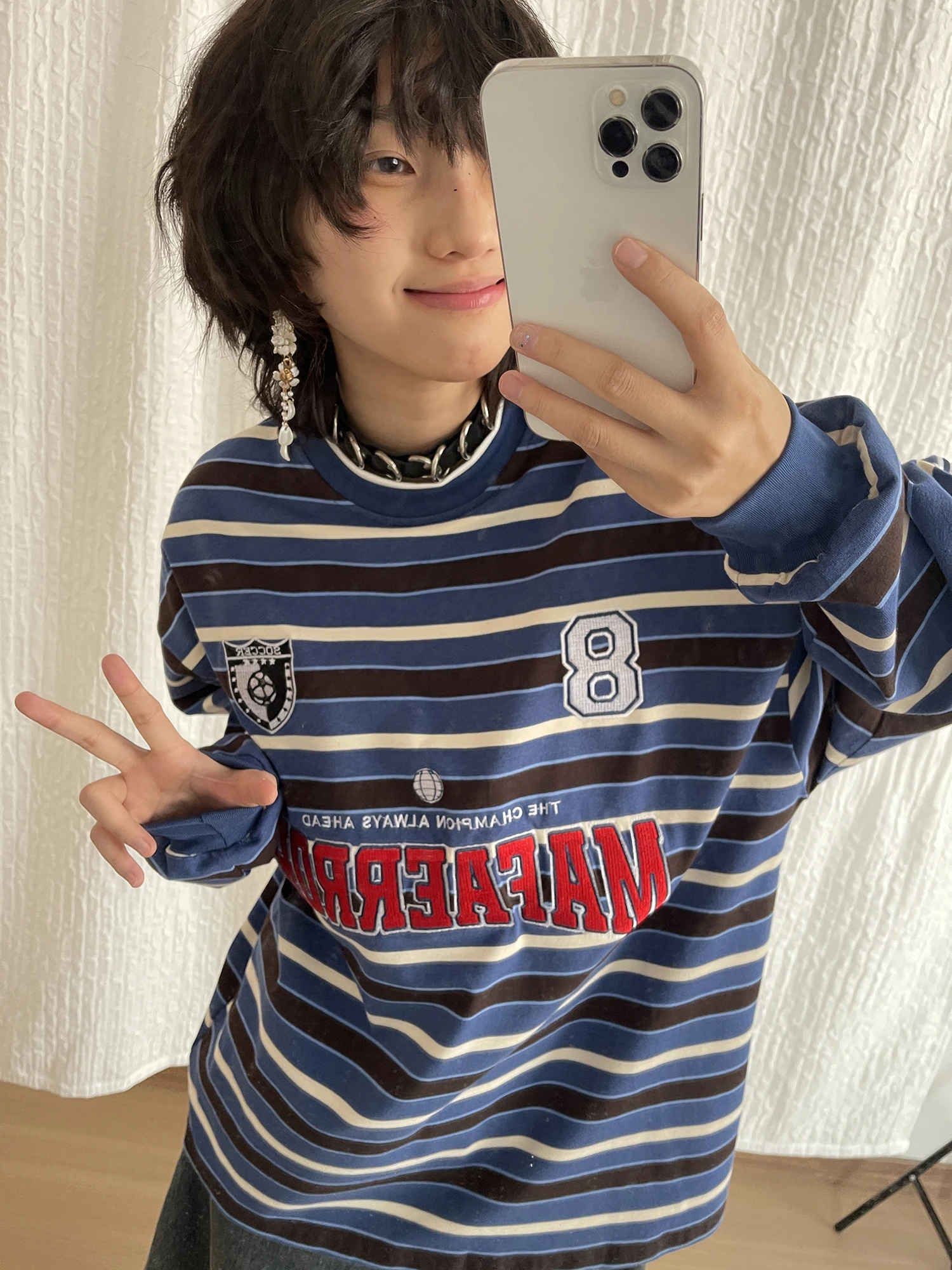 

Retro American Striped Letter Sweatirt Women Loose Lazy Sle round Ne Overhead Sports Sle Top Trendy Cotton Long Sve