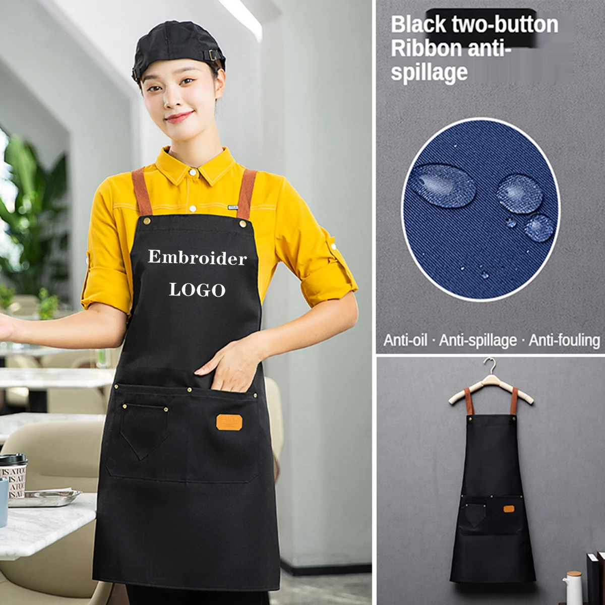 

Customized Embroidery Print Brand Logo Signature Waterproof Kitchen Aprons Home Chef Baking Clothes Pockets Adult Bib Waist Bag