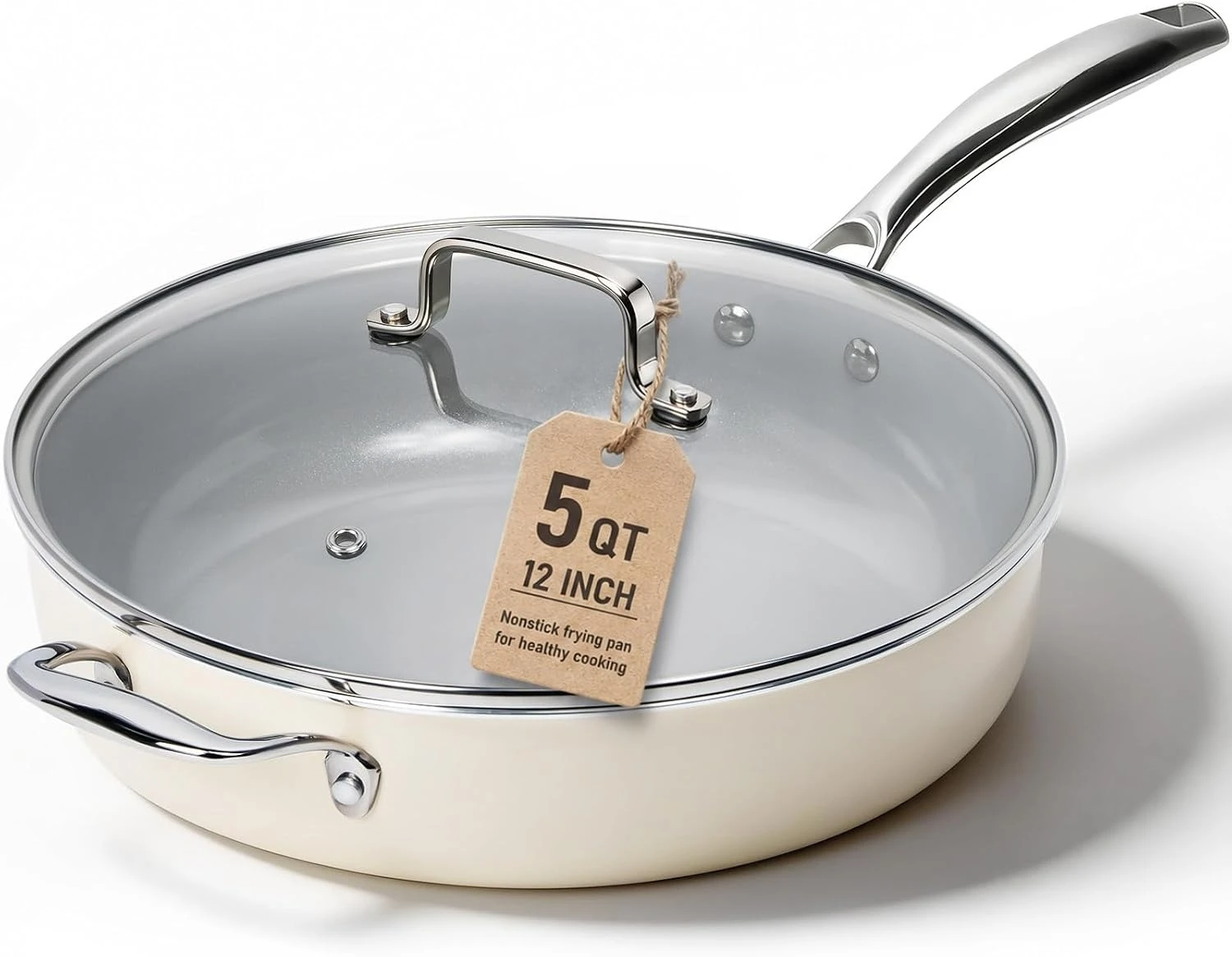 12 Inch Ceramic Nonstick Frying Pan with Lid, 5 QT Deep Saute Pan for Cooking, Induction Ready Skillet with Stay Cool Handle, PFAS/PTFE/PFOA Free, Oven & Dishwasher Safe