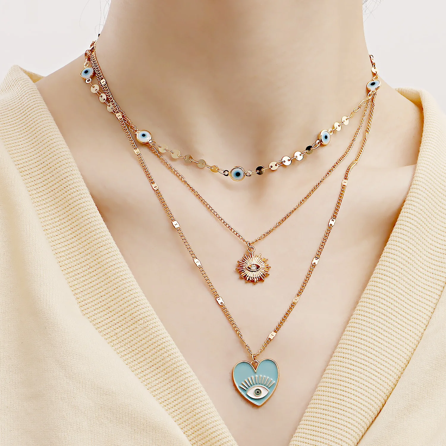 Ins Style Layered Eye Necklace Simple Cold Design Collarbone Chain Unique Gift for Women Silver Standard Length Necklace