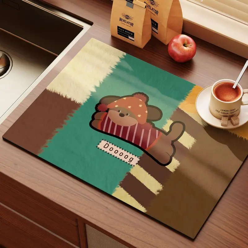 Color Blocking Lazy Cartoon Cat Kitchen Drainage Mat, Anti Slip Coffee Machine Tableware Kitchen Countertop Protection Mat