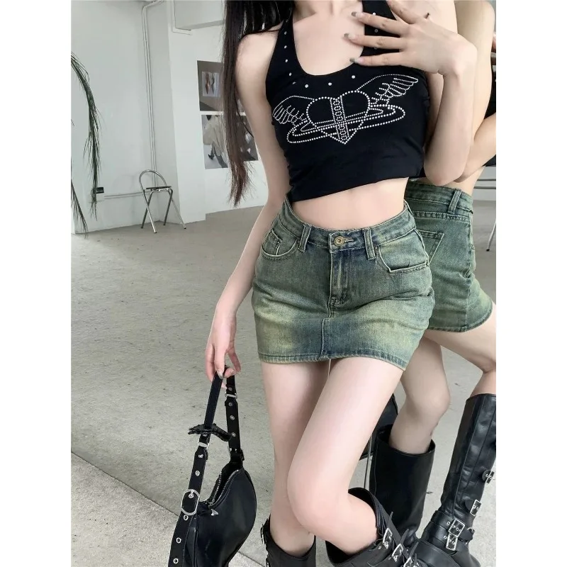 

High elastic spicy girl denim skirt, women's summer high waisted A-line skirt, short skirt, anti glare wrap around hip skirt