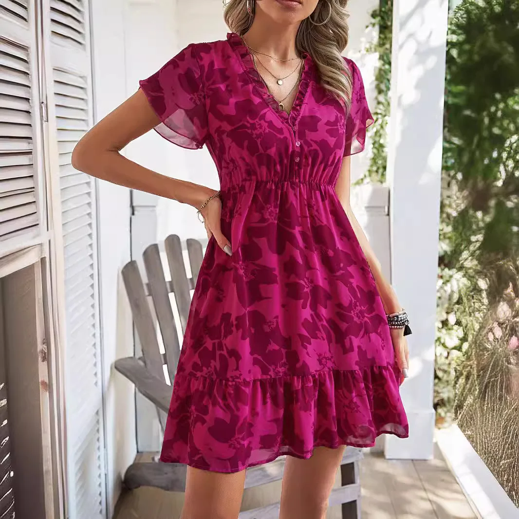 

Mid Length Dress Women Dresses A Line Vestidos V Neck Short Sleeve Print Ruffles Elegant Splice Y2k Streetwear Summer 2025