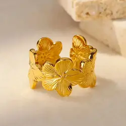 Stainless Steel Flower Rings for Women Men Gold Color Open Vintage Ginkgo Leaf Ring 2024 New Trend Wedding Jewelry bague Gift