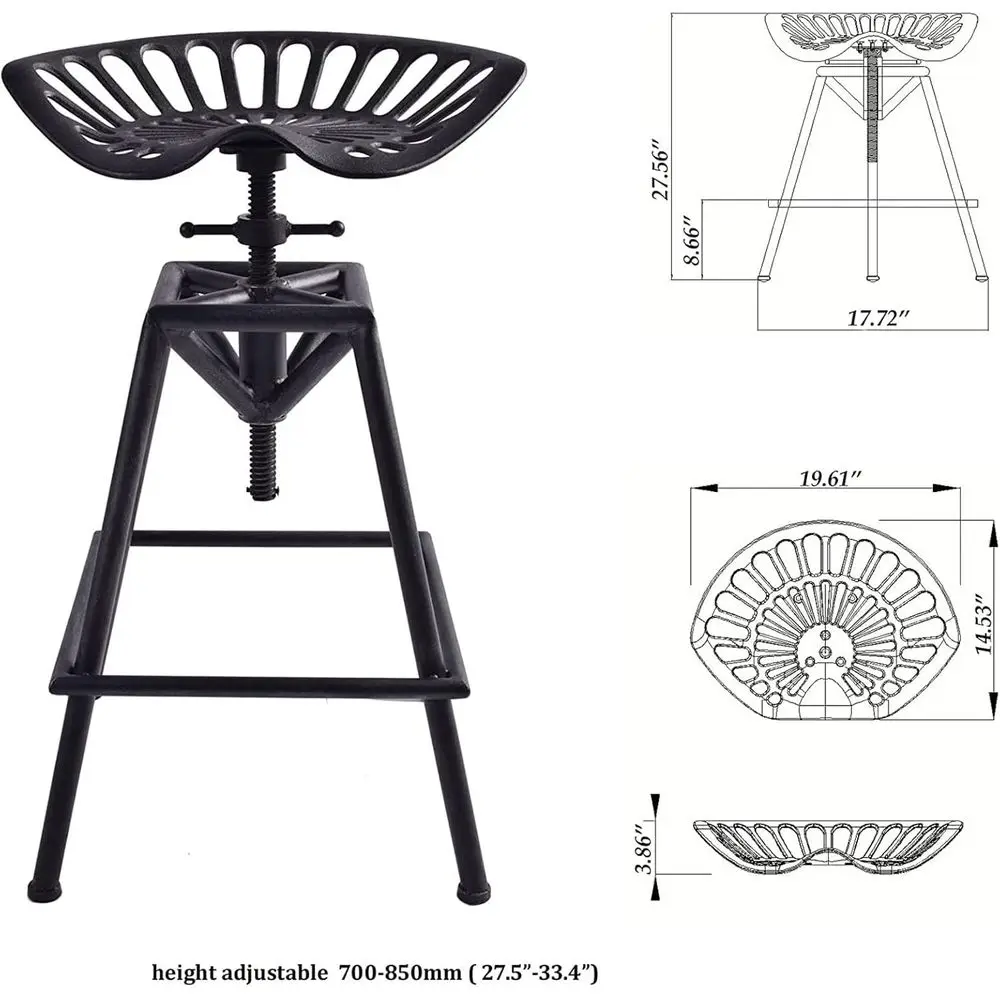 مقعد مرتفع من الحديد الزهر قابل للتعديل، 27.5-33.4، أسود غير لامع، نمط مزرعة ريفية