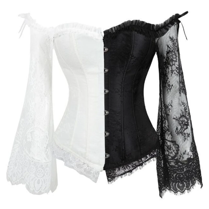 Französische Waspie Crops Tops Courtstyle Spitzenärmel Korsett Retro Cosplay Party Dressing Cincher Viktorianisches Bustier