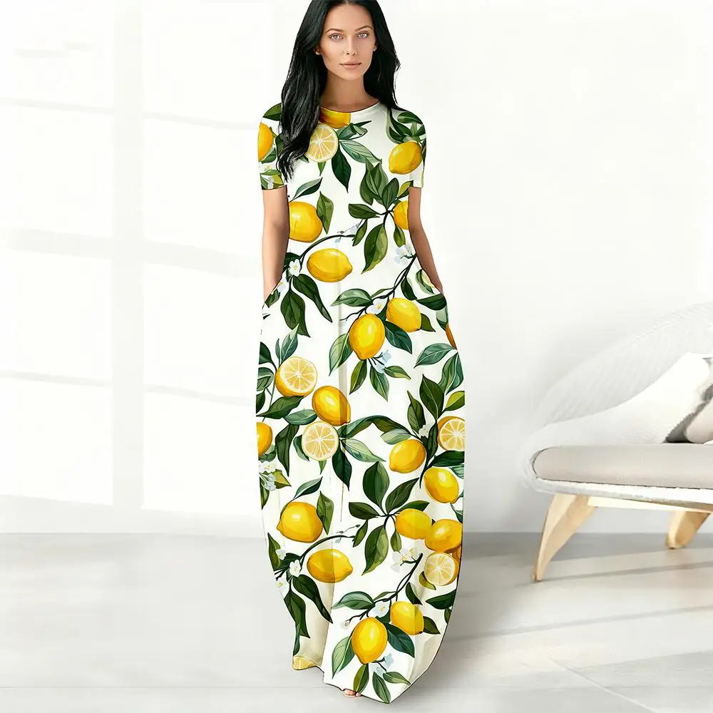 

Women's Fruit Print Long Dress With Short Sleeves Casual Loose Fit Clothing Comfortable Bohemian Style Item For Summer Vacation