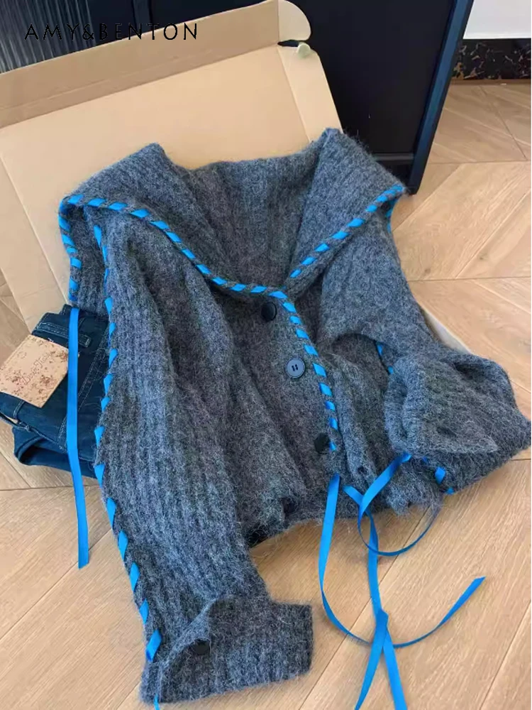 خريف جديد النمط الأمريكي تصميم الشريط كبير التلبيب رمادي غامق سترة مشغولة من الصوف المرأة فضفاضة التخسيس سترة رمادية فاتحة