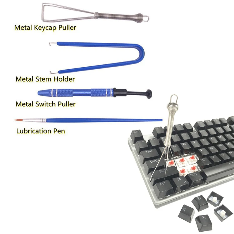 1 Set Mechanical Keyboard Cleaning Tool Kit Metal Keycap Puller Stem Holder Switch Puller Lubrication Pen Lube Brush with Bag