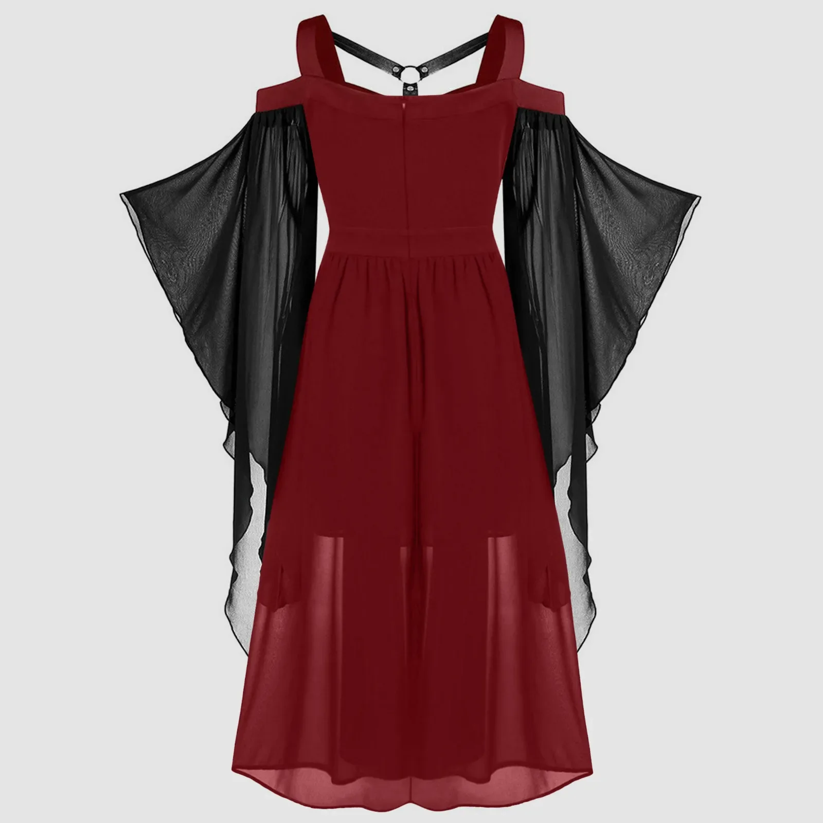 فستان نسائي طويل بنمط قوطي ، هملين عريض ، ربط غير منتظم ، قمة خزان لجميع الهالووين ، أزياء فريدة ، فستان بيان