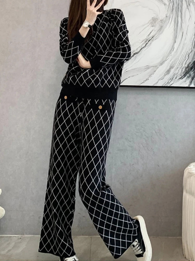 Casual Zipper Semi High Neck Diamond Grid Knit Sweater+Wide Leg Pants Two-Piece Set 2024 New Fashionable Women'S Clothing