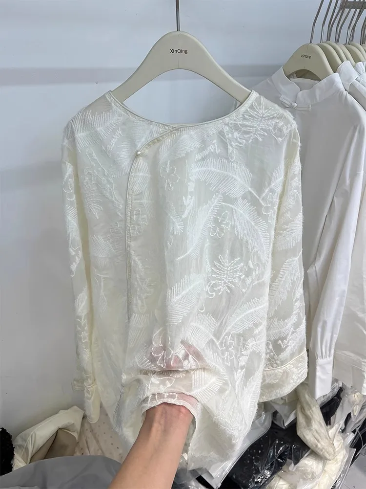 

New Chinese Style Heavy Embroidery Summer Shirt Women's plus Size Elegant Slanting Collar Button Lace Chiffon Top
