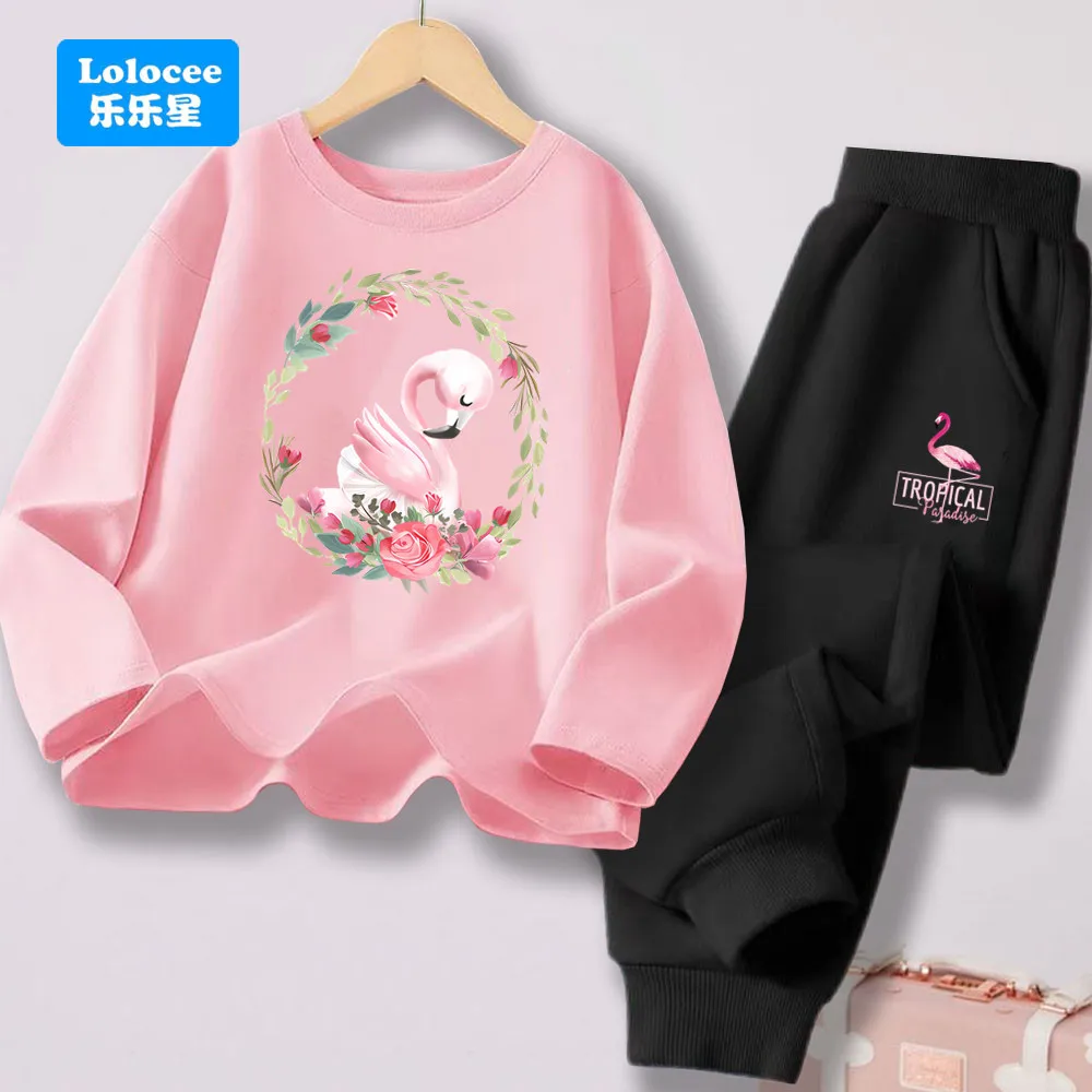 Frühling Herbst 2PCS Kleidung Set Mädchen Floral Flamingo Print Oansatz Langarm Top und Elastische Taille Hosen Anzug Kinder Outfit HLN2