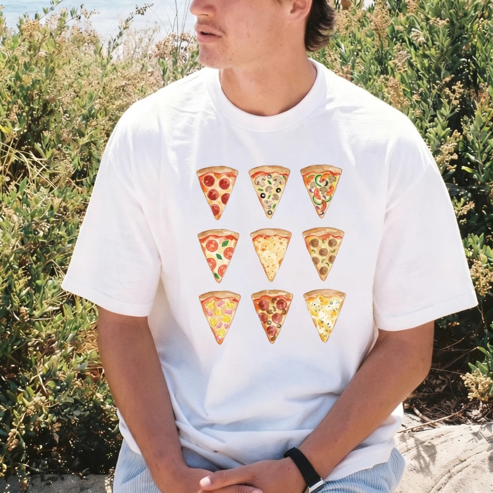 Vintage Pizza Slice Graphic Printed Italy Food Lover T-Shirt 100% Cotton Casual Fashion Harajuku Short Sleeve Man Women Tees