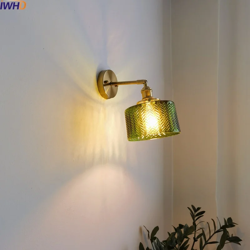 

IWHD Vintage Style LED Wall Lights Decoration Copper Bathroom Mirror Living Room Bedside Lamp Glass Applique Murale