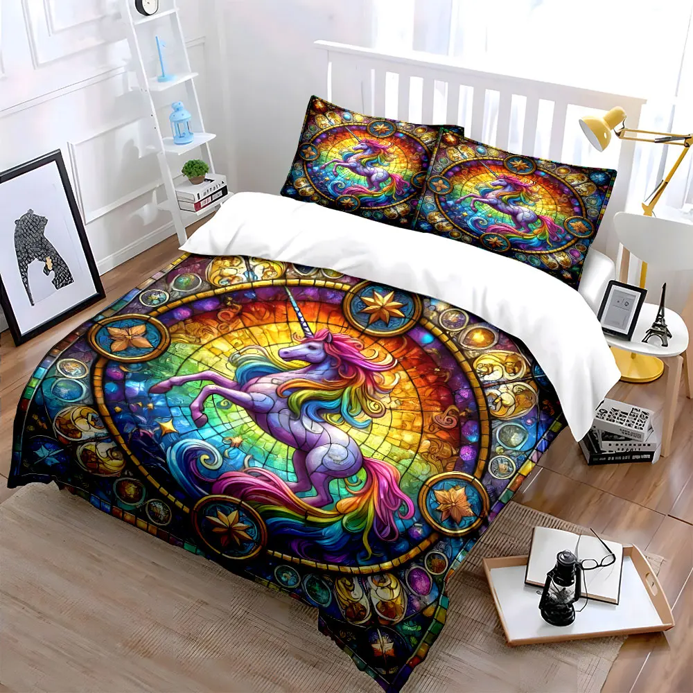 Rainbow Unicorn in Stained Glass Art Print Bedding Set 1 Duvet Cover 2 Pillowcases for Adult and Children Luxury Gift Full Size