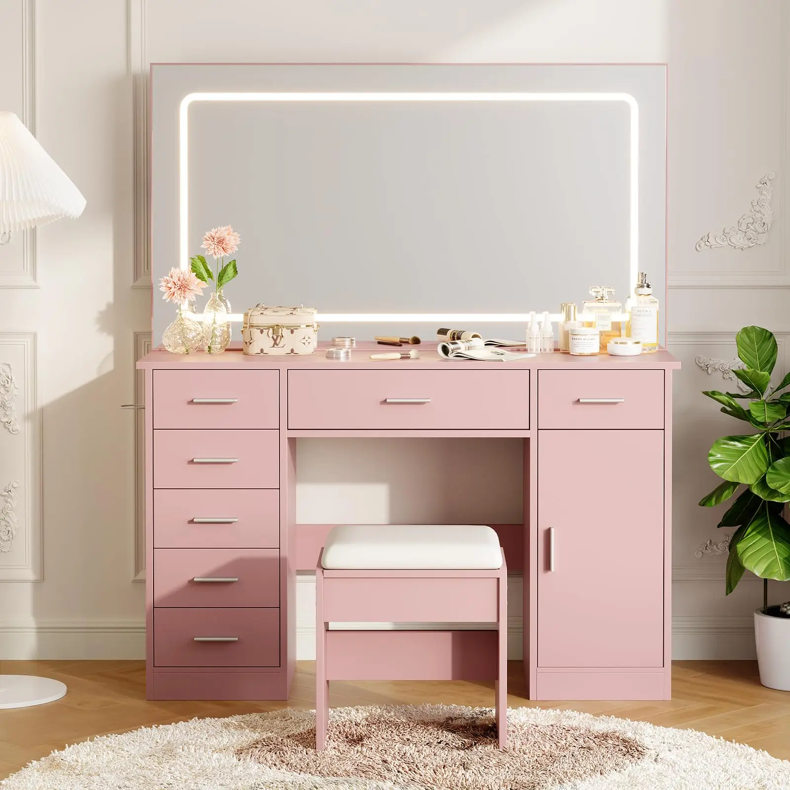Modern LED Vanity Desk with 7 Drawers, 3-Mode Dimmable Mirror, Charging Station & Hair Dryer Holder, Pink/White