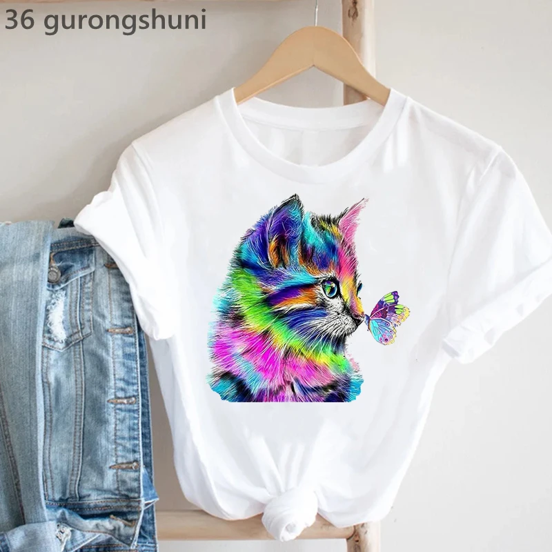 2022 Summer Rainbow Cat Love Butterfly Animal Print T-Shirt Women Lgbt Funny Tshirt Femme Harajuku Kawaii Clothes Tops Tee Shirt