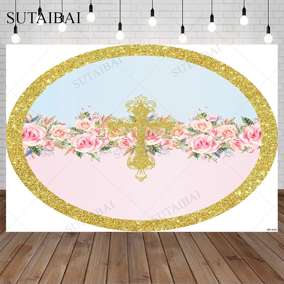 

First Holy Communion Pink Background Pink Flowers and Golden Crosses Bible Broken Flower Circular Blue Photography Background