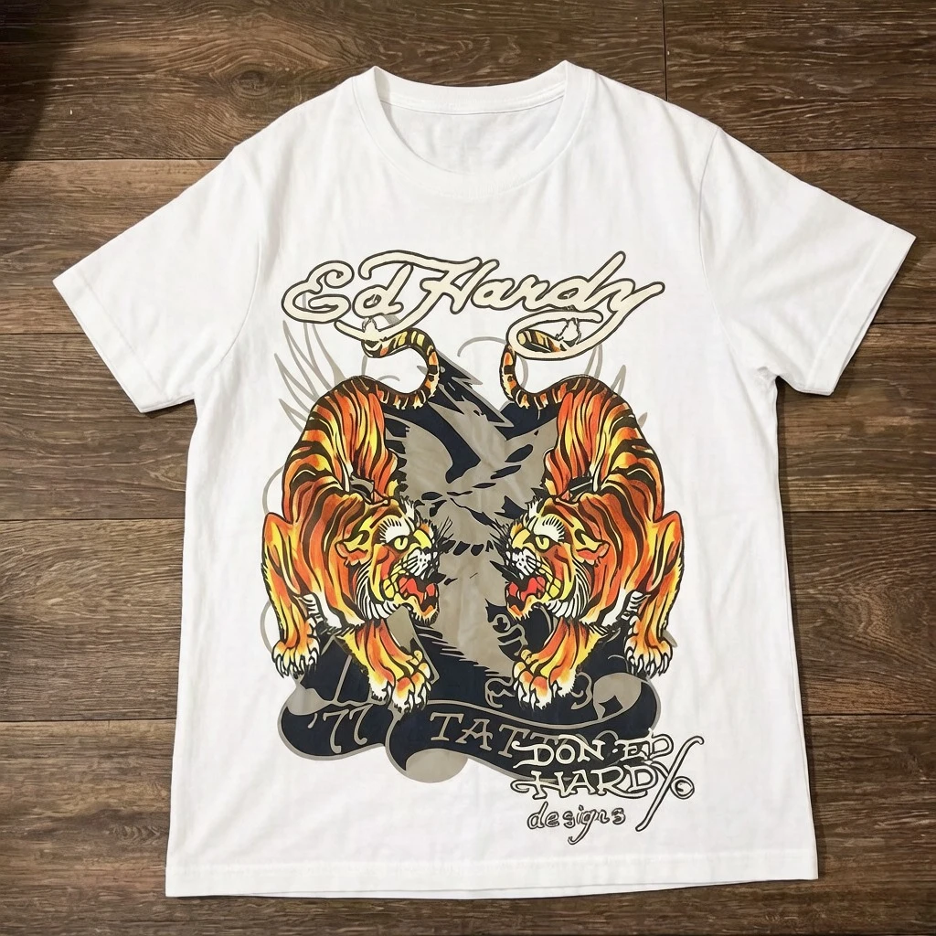 Roupas Y2K Masculinas Vintage Retro Ed Hardy Camisa Preta de Manga Curta Reimpressão Harajuku Camiseta Masculina