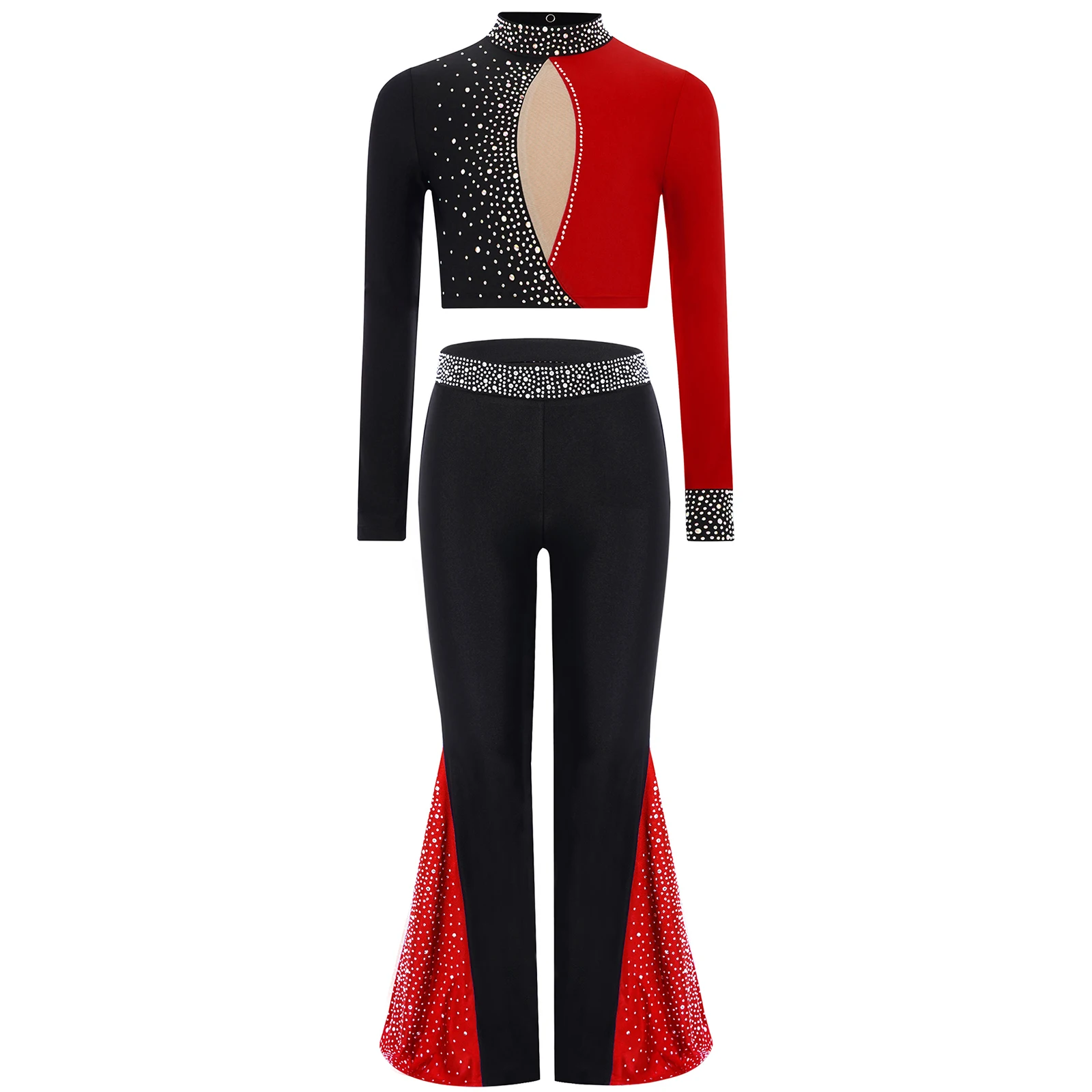 

Kids Girls Gymnastics Figure Skating Dance Costumes Lyrical Jazz Dancewear Long Sleeve Color Block Crop Top+Bell-Bottomed Pants