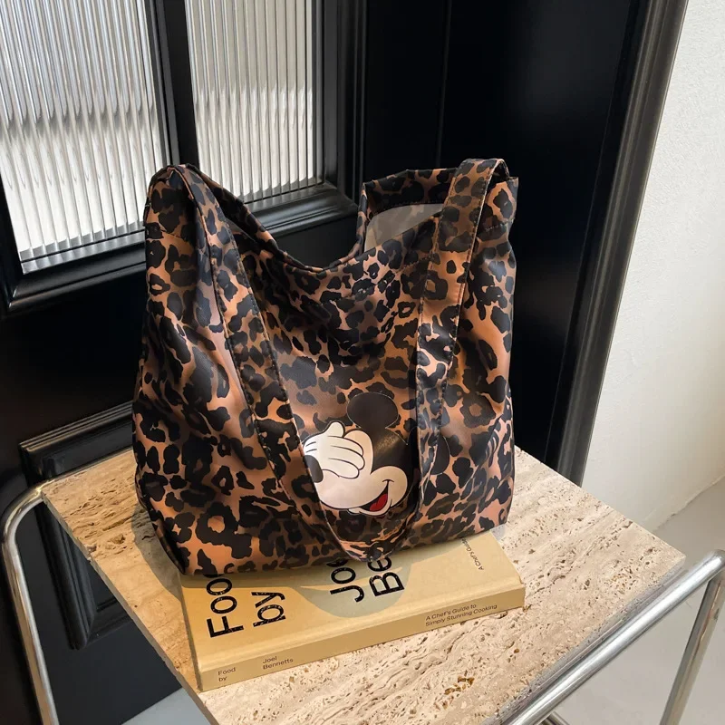 Bolso de mano de leopardo de gran capacidad de Mickey Mouse de Disney, bolso de hombro tipo mensajero informal a la moda de verano para mujer, bolso cruzado de Minnie